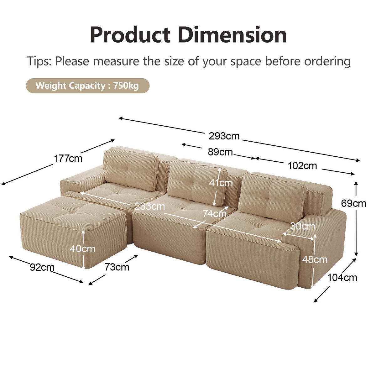 3-SITZER ECKSOFA Cord Beige ohne Montage - Beige, Textil (293/177cm) - WISHDOR