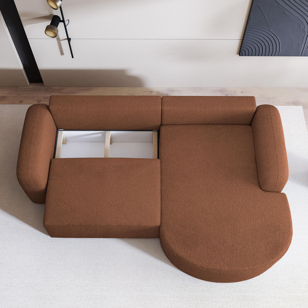 ECKSOFA AMILIA R-S Kupferfarben Boucle-Stoff mit Schlaffunktion - Kupferfarben, Holz (263/174cm) - MASSENO