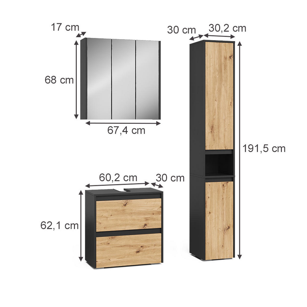 BADMÖBEL-SET Majest Anthrazit/Artisan 3 Teile - Hellgrau, Holzwerkstoff (60.1/62/30.1cm) - Vicco