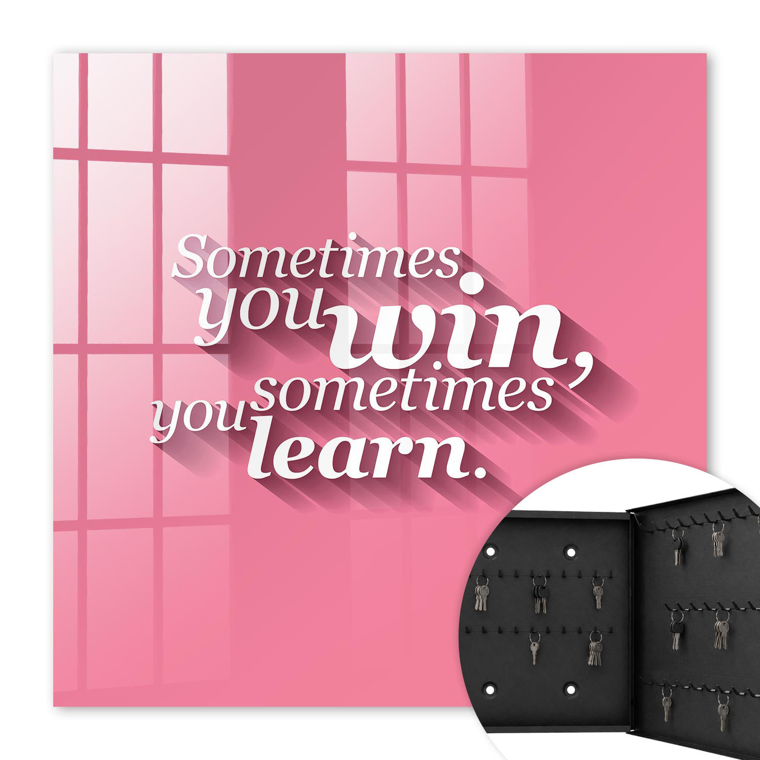 SCHLÜSSELBOX Schwarz 30x30 cm- Türöffnung nach rechts - Manchmal gewinnt man, manchmal lernt man. - Pink, Metall (30/30/5cm) - TULUP