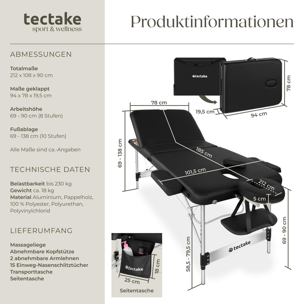 MASSAGELIEGE 3 Zonen Ko Tao,212 x 108 x 90 cm,schwarz - Schwarz, Metall (108/90/212cm) - tectake