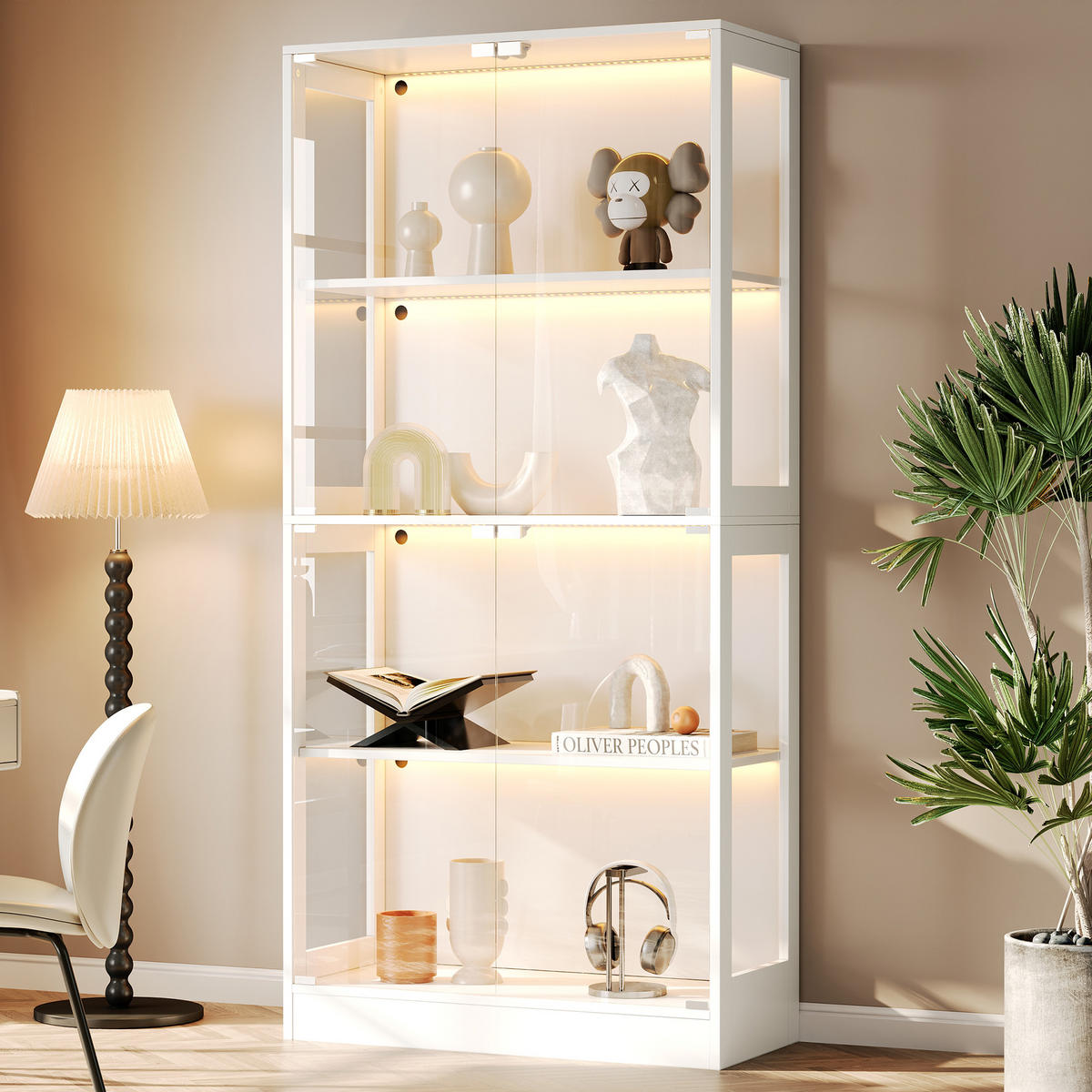 VITRINE 4 Ebenen Stauraum, App-gesteuertem LED-Licht, Push-to-Open Türen 80/35/170 cm - Transparent/Weiß, Glas/Holzwerkstoff (80/170/35cm) - EVRYAE