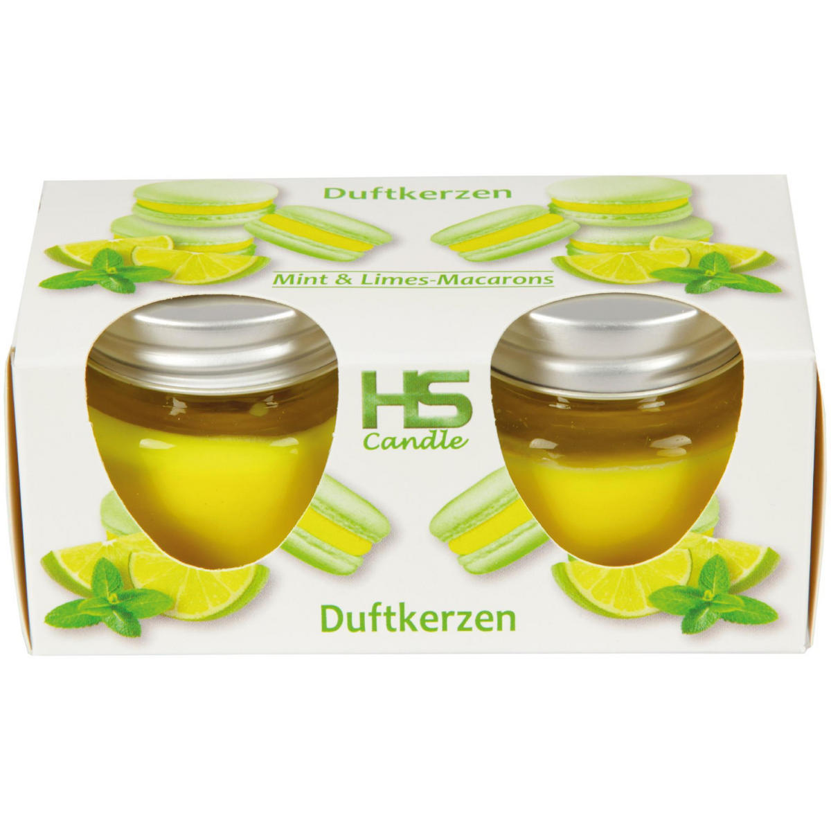 DUFTKERZE im Glas "Macaron Mint & Limes" mit Deckel, 2er Pack mit je ca. 7 Std. Brenndauer, Ø6cm , Raumduft als Geschenk und Dekoration - Mintgrün, Glas (6/5cm) - HS Candle