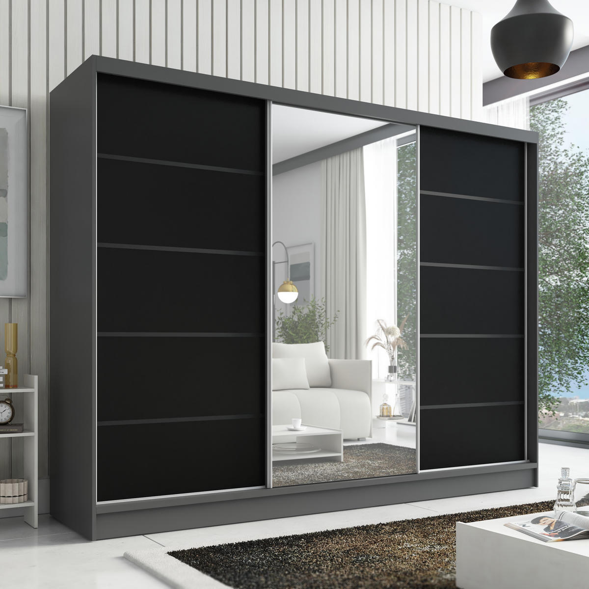 SCHWEBETÜRENSCHRANK 200 cm AURELIA 2 Farbe: Graphit, Schwarz - Graphitfarben/Schwarz, Holzwerkstoff (200/215/60cm) - A&J MöbelLand