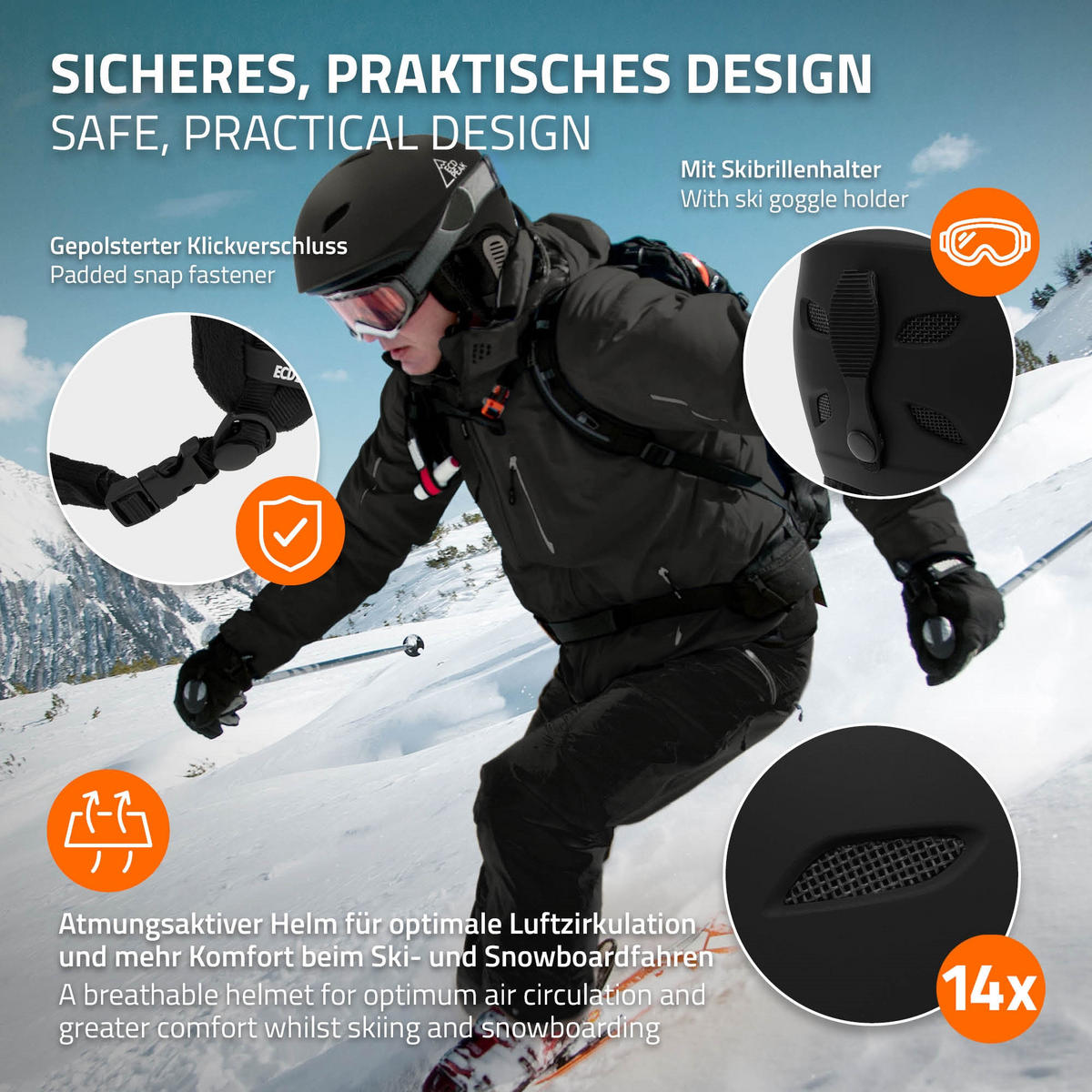 LYŽAŘSKÁ PŘILBA pro muže a ženy, robustní snowboardová přilba, černá, velikost L, 58–61 cm - černá, plast (30/24cm) - ECD-Germany