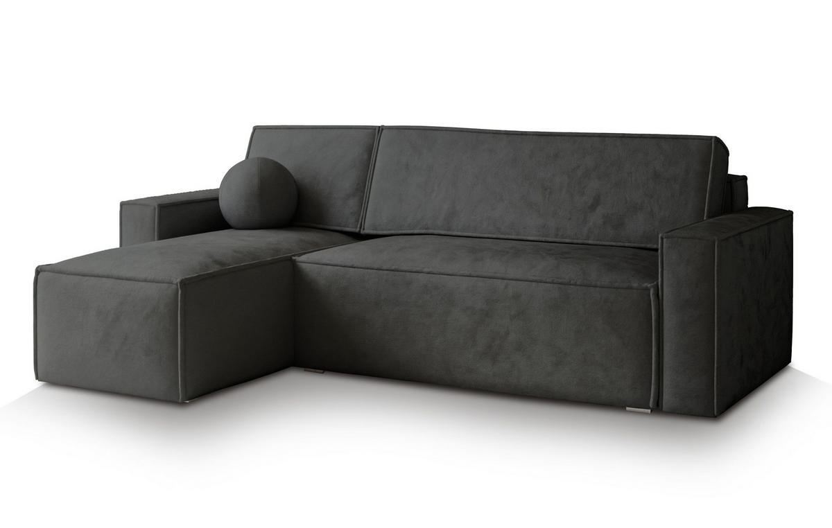 ECKSOFA RAVELO M Schwarz Velours-Stoff mit Schlaffunktion - Schwarz, Holz (240/140cm) - MASSENO