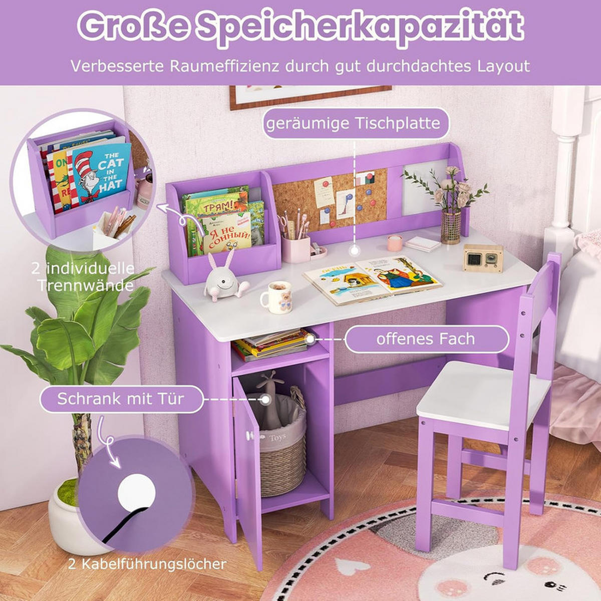 KINDERSCHREIBTISCH mit Stuhl lila(2-tlg) - Lila, Holzwerkstoff (90/85.5/45cm) - COSTWAY