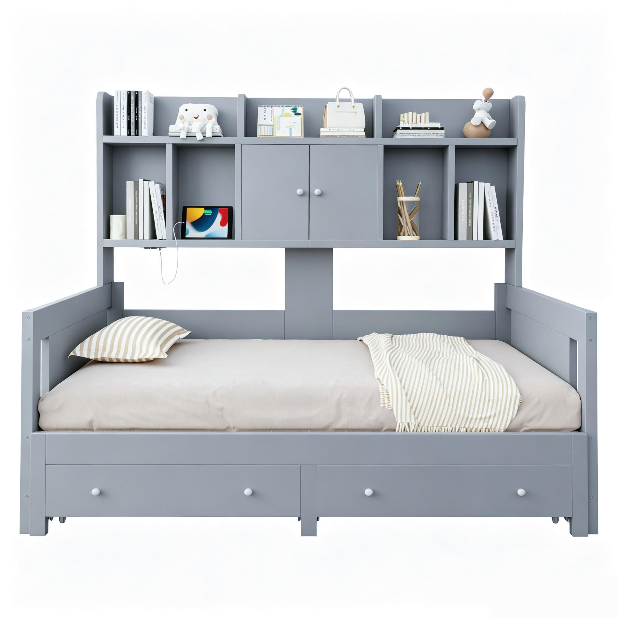 SCHLAFSOFA Holz Ausziehbett LED Stauraum Steckdose Grau - Grau, Holz (90/190cm) - FLIEKS