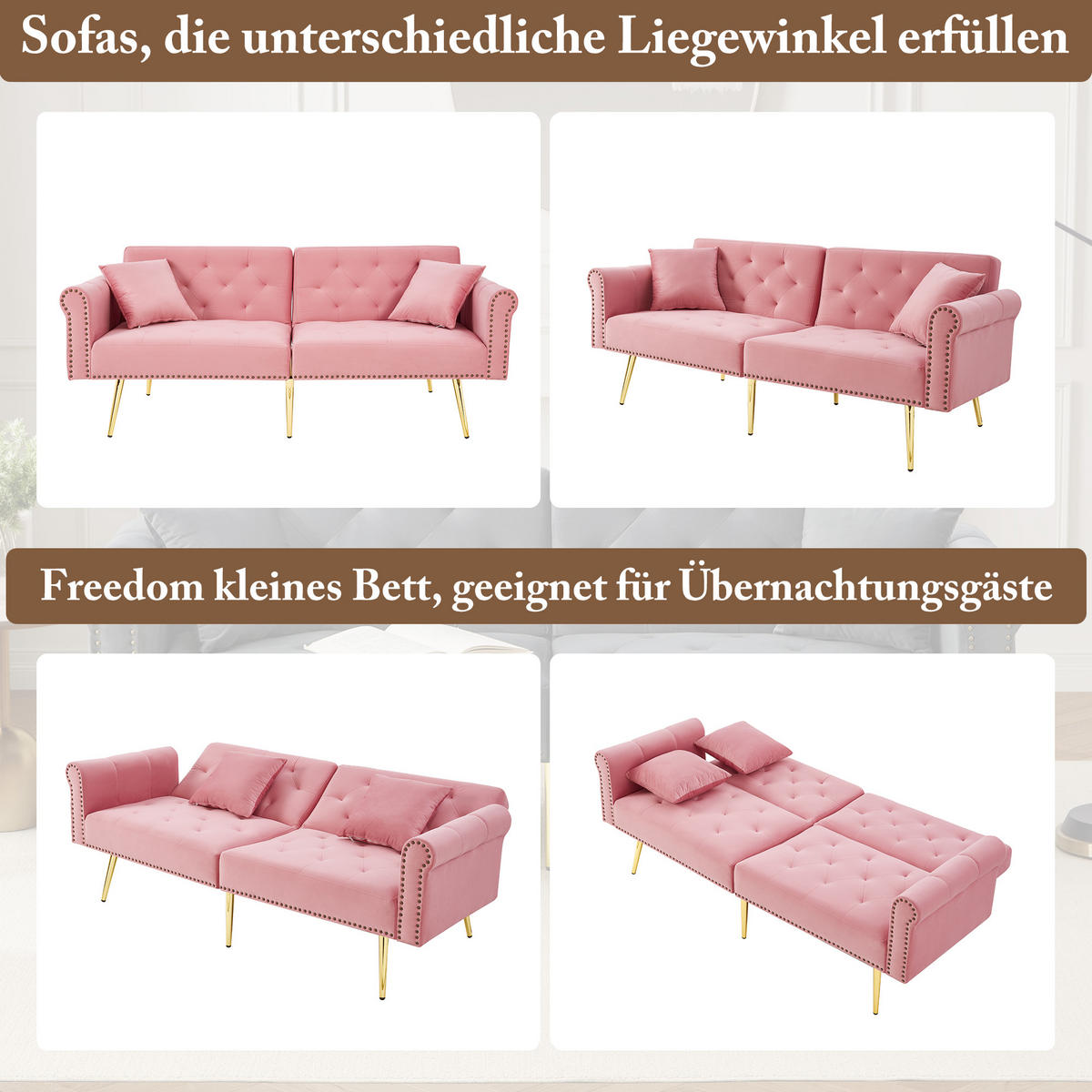 SCHLAFSOFA 2-Sitzer mit verstellbarer Rückenlehne und vergoldeten Metallfüßen Samt Pink 147/85/41 cm - Rosa, Kunststoff (173/70/75cm) - OKWISH