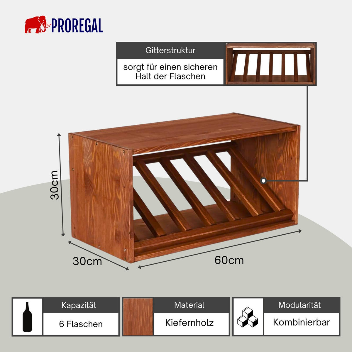 WEINREGAL Vincellar Mod 30x60x30 cm Schräg Modul Für 6 Flaschen Massives Kiefernholz Braun Geölt - Braun, Holz (60/30/30cm) - PROREGAL