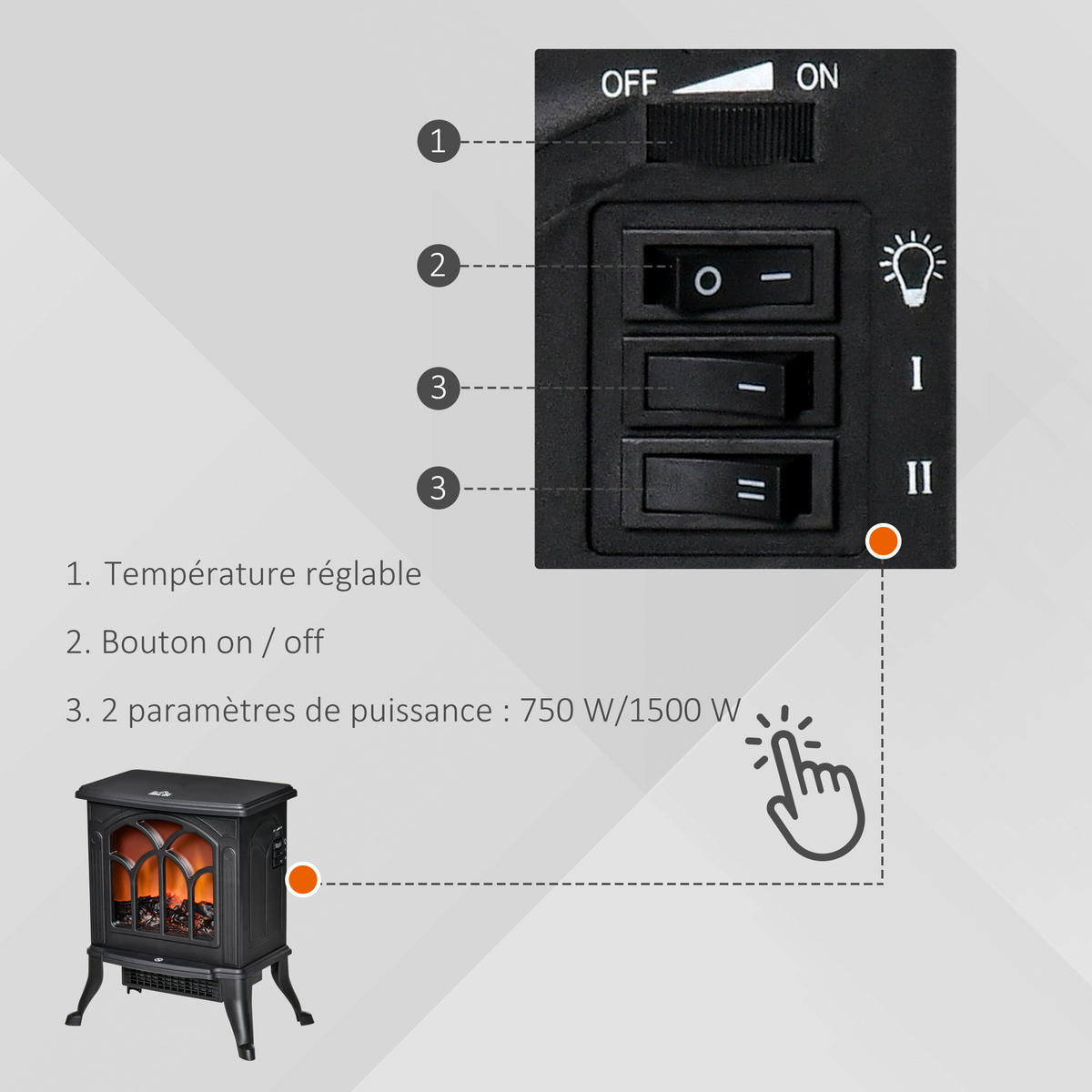 ELEKTROKAMIN DE-17014 Retro 750/1500 W mit LED-Flamme Schwarz - Schwarz, Metall (37.3/44/23.1cm) - ComfortXL