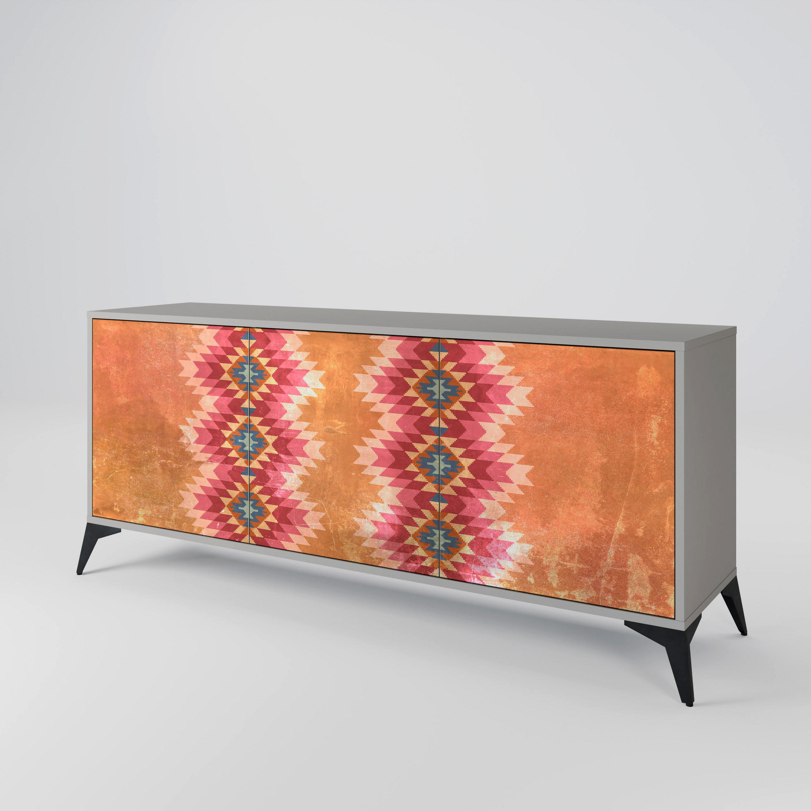 SIDEBOARD INDIAN FOLK, Graue Oberfläche, 164,5x42x70,5 cm, 3 Türen - Schwarz/Grau, Holzwerkstoff/Metall (164.5/70.5/42cm) - SpaceRebels