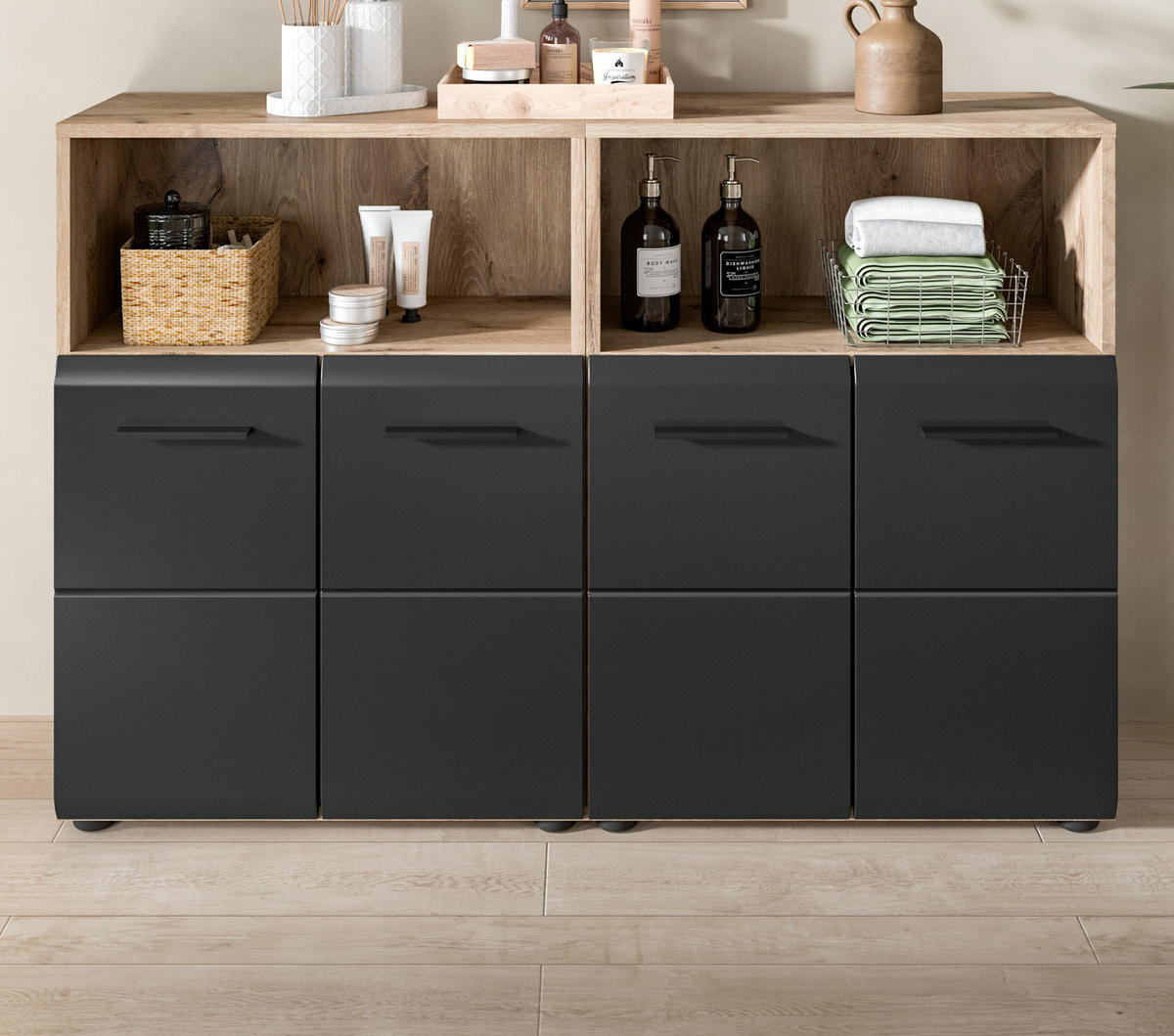 MIDISCHRANK Set Schwarz matt, Eiche Nox, 2x Badkommode, gesamt 120 x 80 cm - Eichefarben/Schwarz, Holzwerkstoff/Kunststoff (120/80/30cm) - Inn.Furn