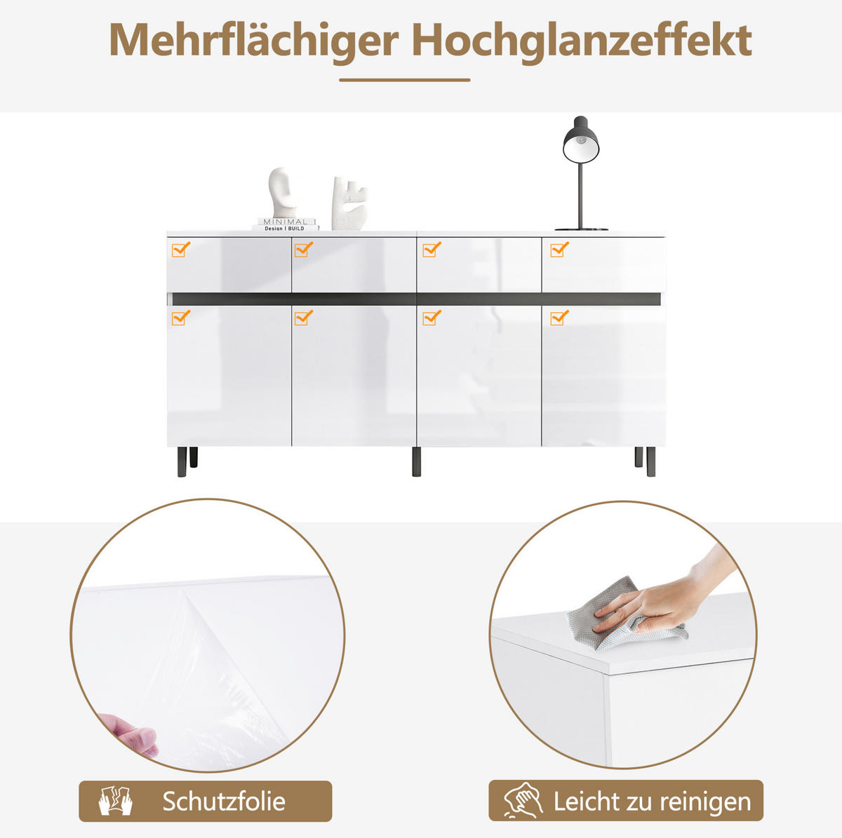 SIDEBOARD mit Hochglanz-Fronten, 4 Schubladen und 2 Türen, 160/40/68 cm, Weiß - Schwarz/Weiß, Holzwerkstoff (160/68/40cm) - Redom