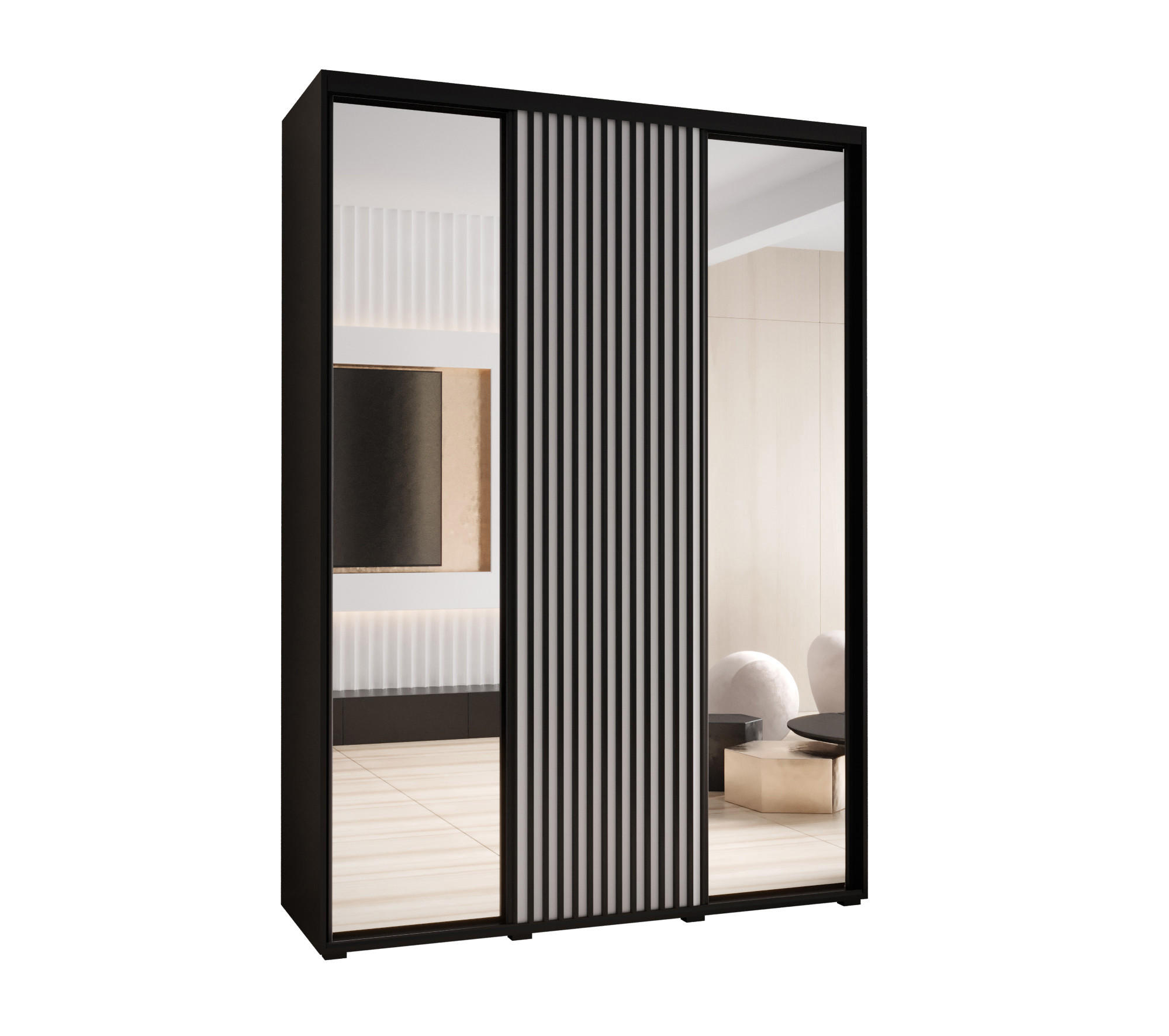 Abiks Möbel Schwebetürenschrank Schwarz, Weiß, Schwarz 170x205.2x45 cm