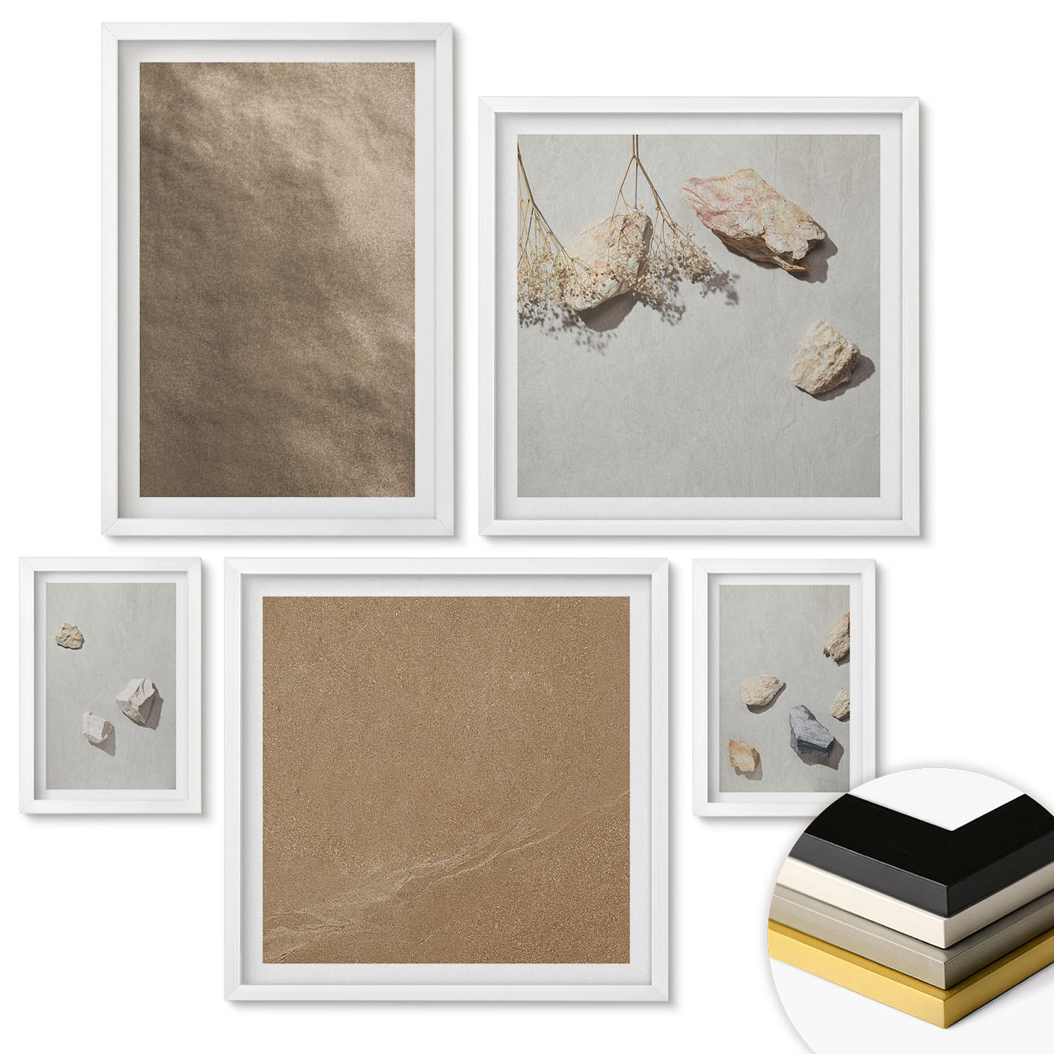 WANDBILDER 5er-Set - 50x50 cm & 20x30 cm & 40x60 cm Weißer Rahmen - Strandsteine natürliche Strukturen - Weiß, Kunststoff (40/60cm) - ArtPrintCave