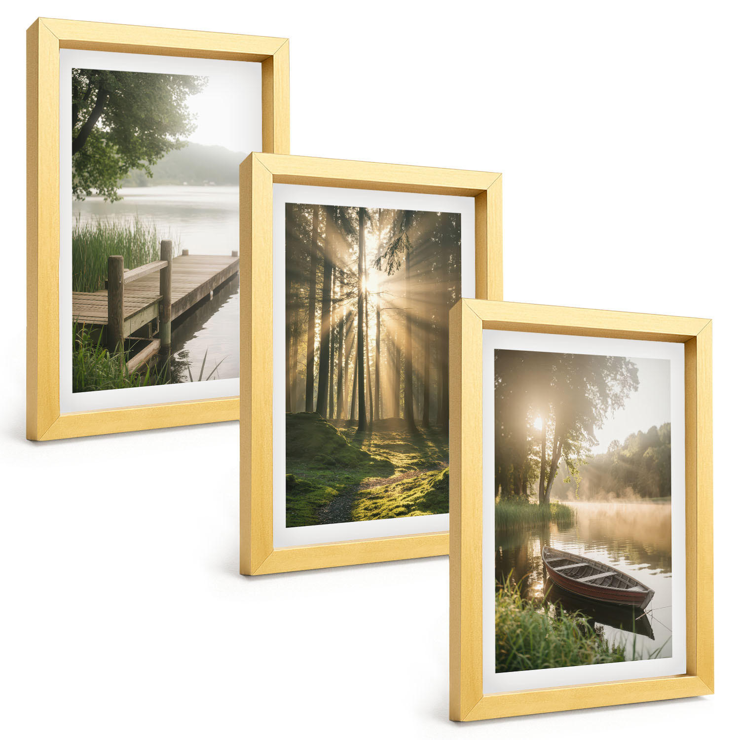 BILDER SET 3er Set - 20x30 cm Goldrahmen - See, Wald, Boot, Morgennebel - Goldfarben, Kunststoff (20/30cm) - TULUP