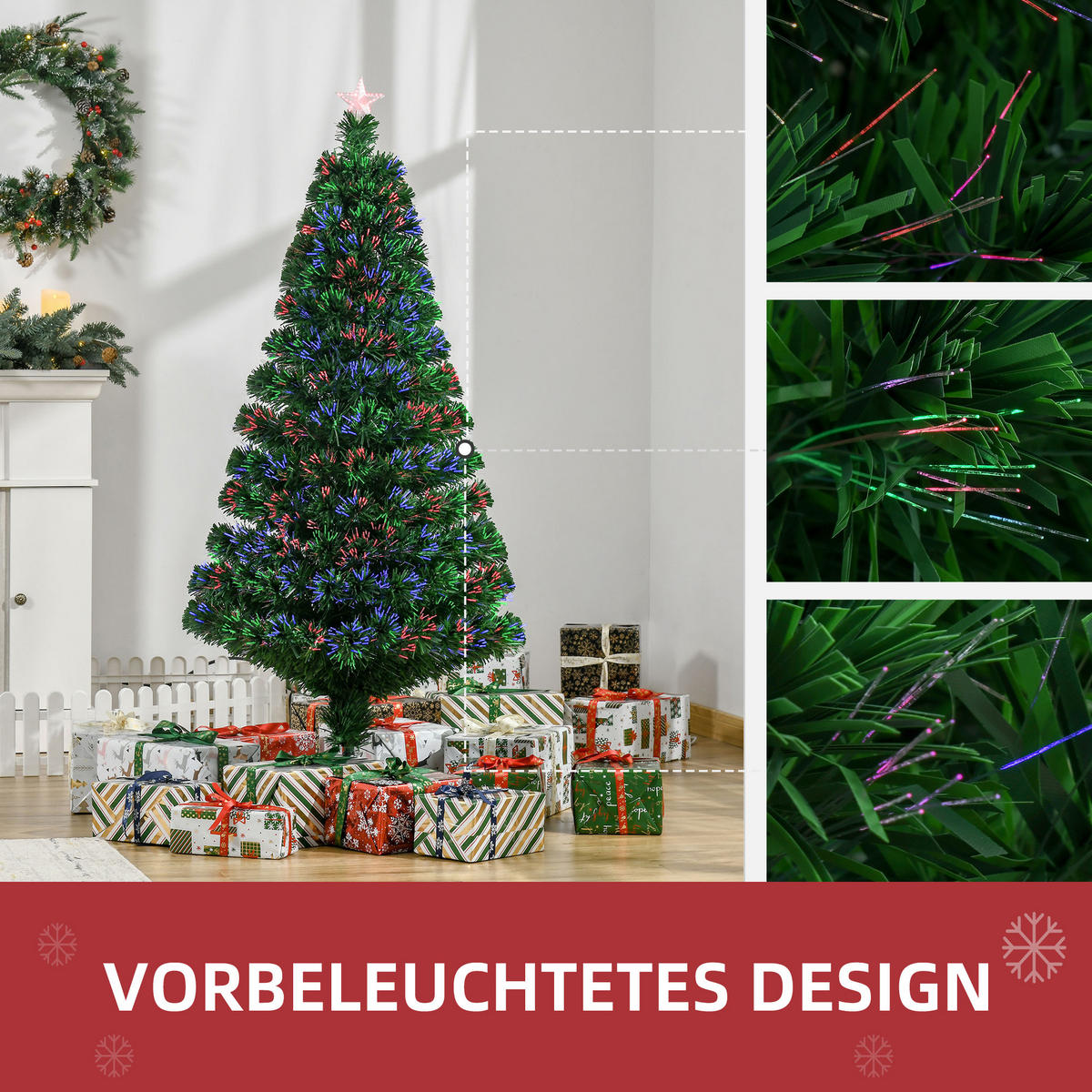 WEIHNACHTSBAUM Tannenbaum Christbaum LED Lichtfaser Baum Stern 8 Modell - Grün, Metall (120cm) - HOMCOM
