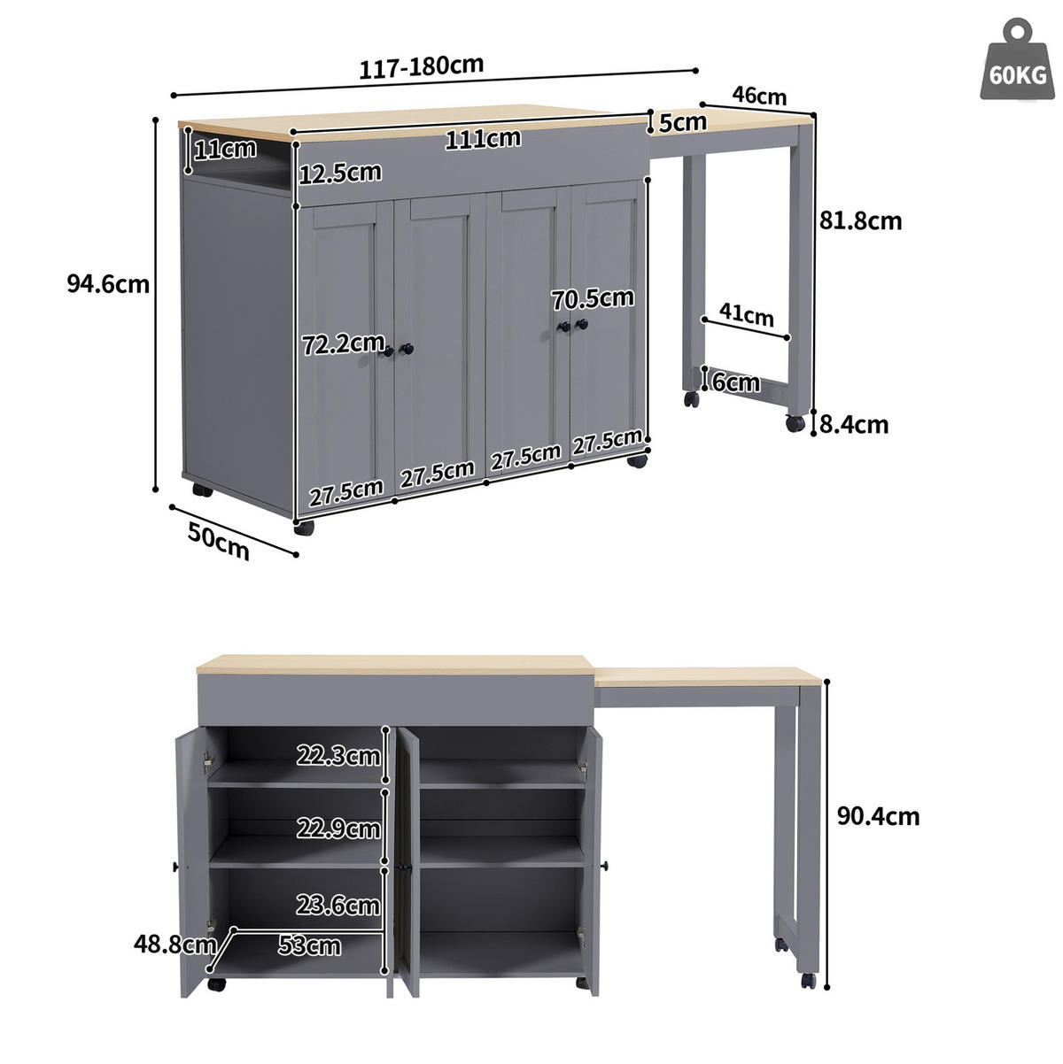 STEHTISCH/BARTISCH 117-180/50/94,6 cm mit 6 Ablagefächern in Grau - Grau, Holzwerkstoff (117/50/94.6cm) - BEAOK