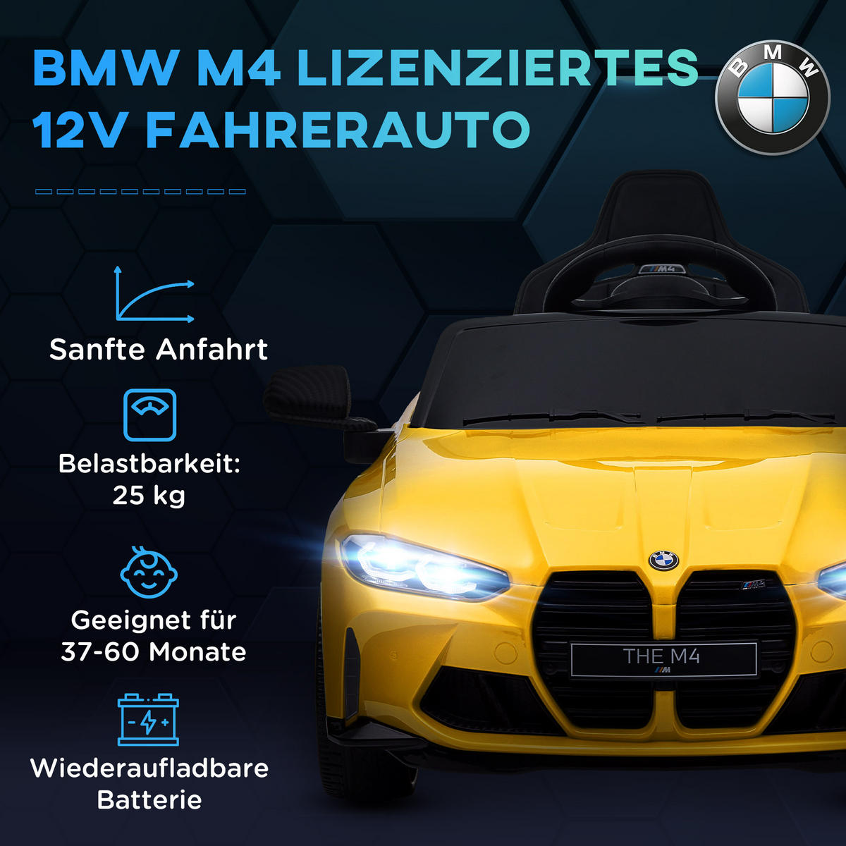 KINDER Elektroauto 12V Kinderfahrzeug mit 2,4G-Fernbedienung, 3-5 km/h, Gelb - Gelb, Metall (108/69.5/51cm) - AIYAPLAY