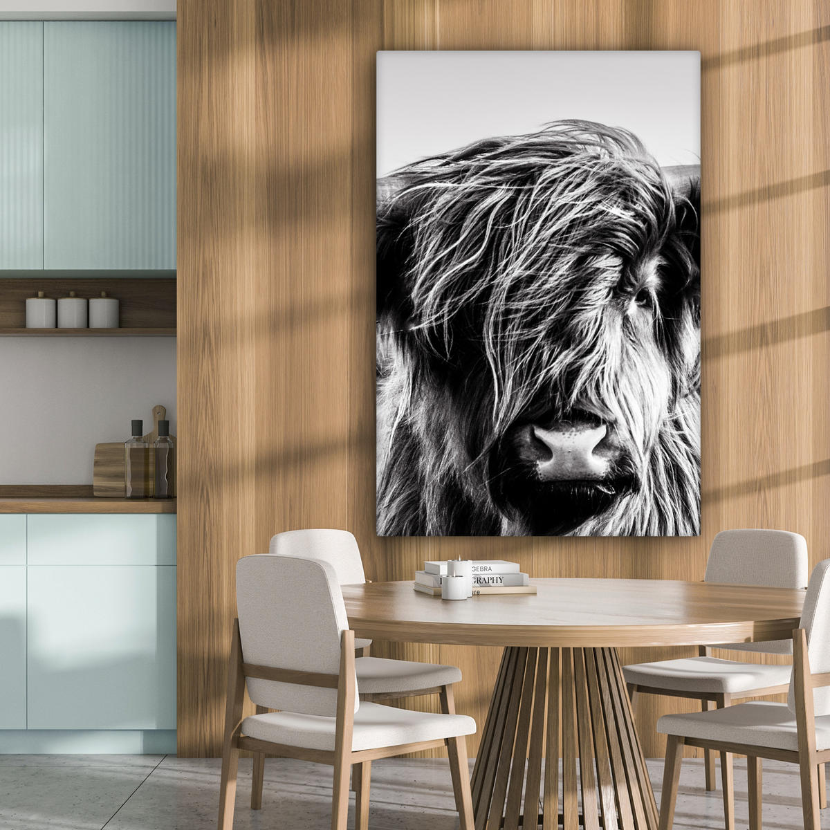 LEINWANDBILD Kuh - Schottischer Hochländer - Schwarz - Weiß - Tier - Natur - Wildtiere 90x140 cm - Schwarz, Textil (90/140cm) - MuchoWow