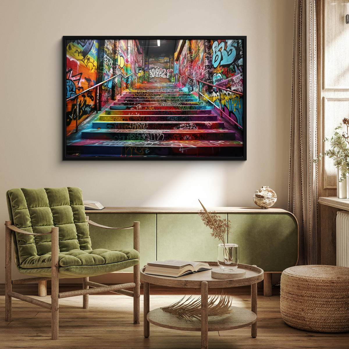 POSTER MIT RAHMEN Treppe - Graffiti - Farben - Kunst 120x80 cm - Multicolor, Papier (120/80cm) - MuchoWow