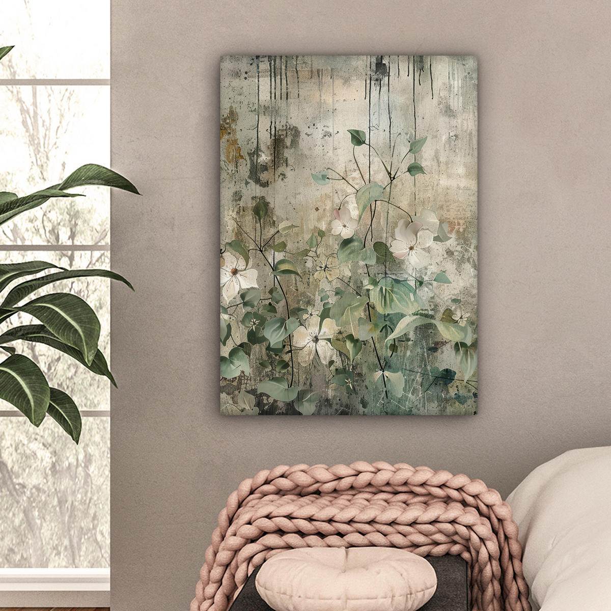 LEINWANDBILD - Blumen - Blätter - Abstrakt - Modern - 60x80 - Gemälde - Grau, Textil (60/80cm) - MuchoWow