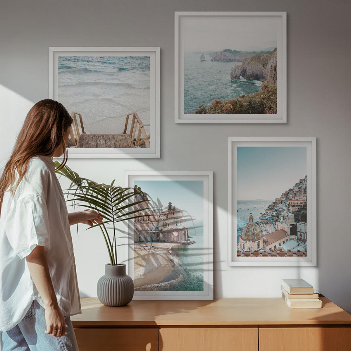 WANDBILDER 4er-Set - 50x50 cm & 40x60 cm Weißer Rahmen - Sommerliche Strandansichten in Pastellfarben - Weiß, Kunststoff (50/50cm) - ArtPrintCave