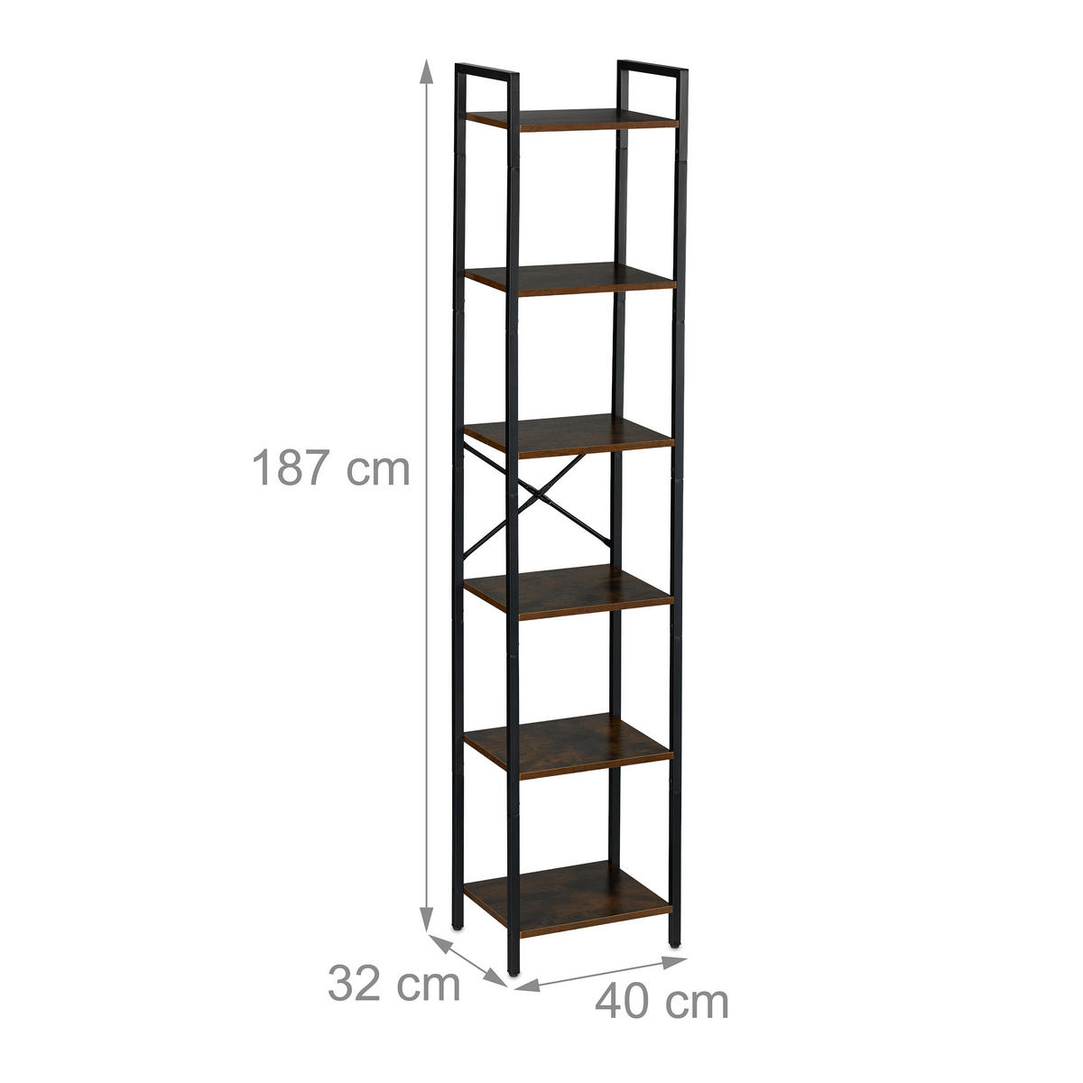 BÜCHERREGAL - Schwarz/Braun, Holzwerkstoff/Metall (40/187/32cm) - Relaxdays