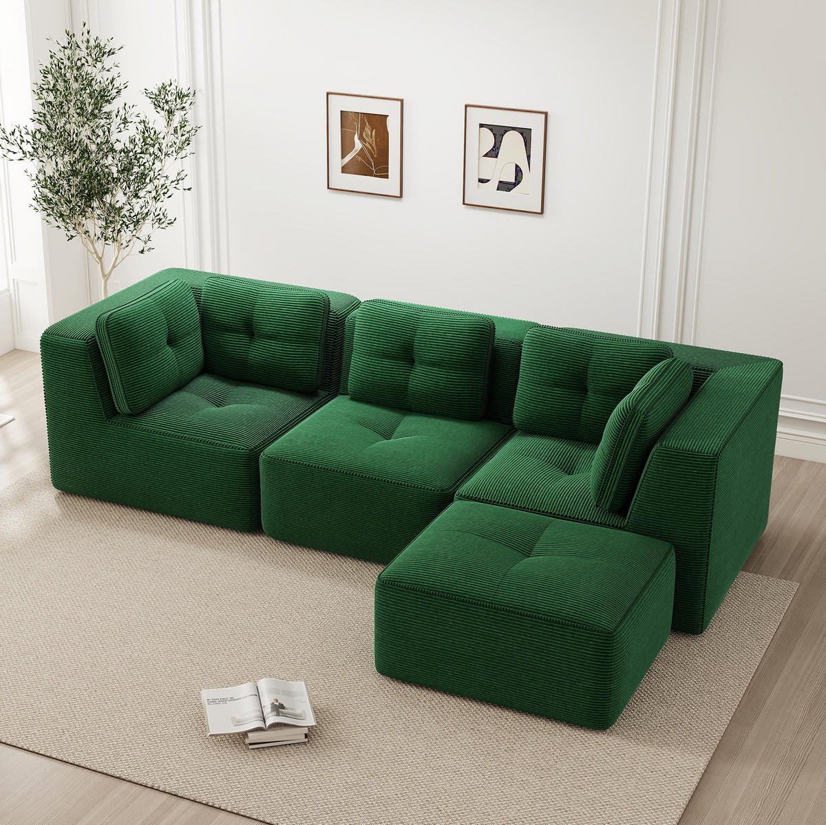 ECKSOFA 297/177/69 cm grün aus Cord ohne Montage modular mit Ottomane - Grün, Textil (177/297cm) - OKWISH
