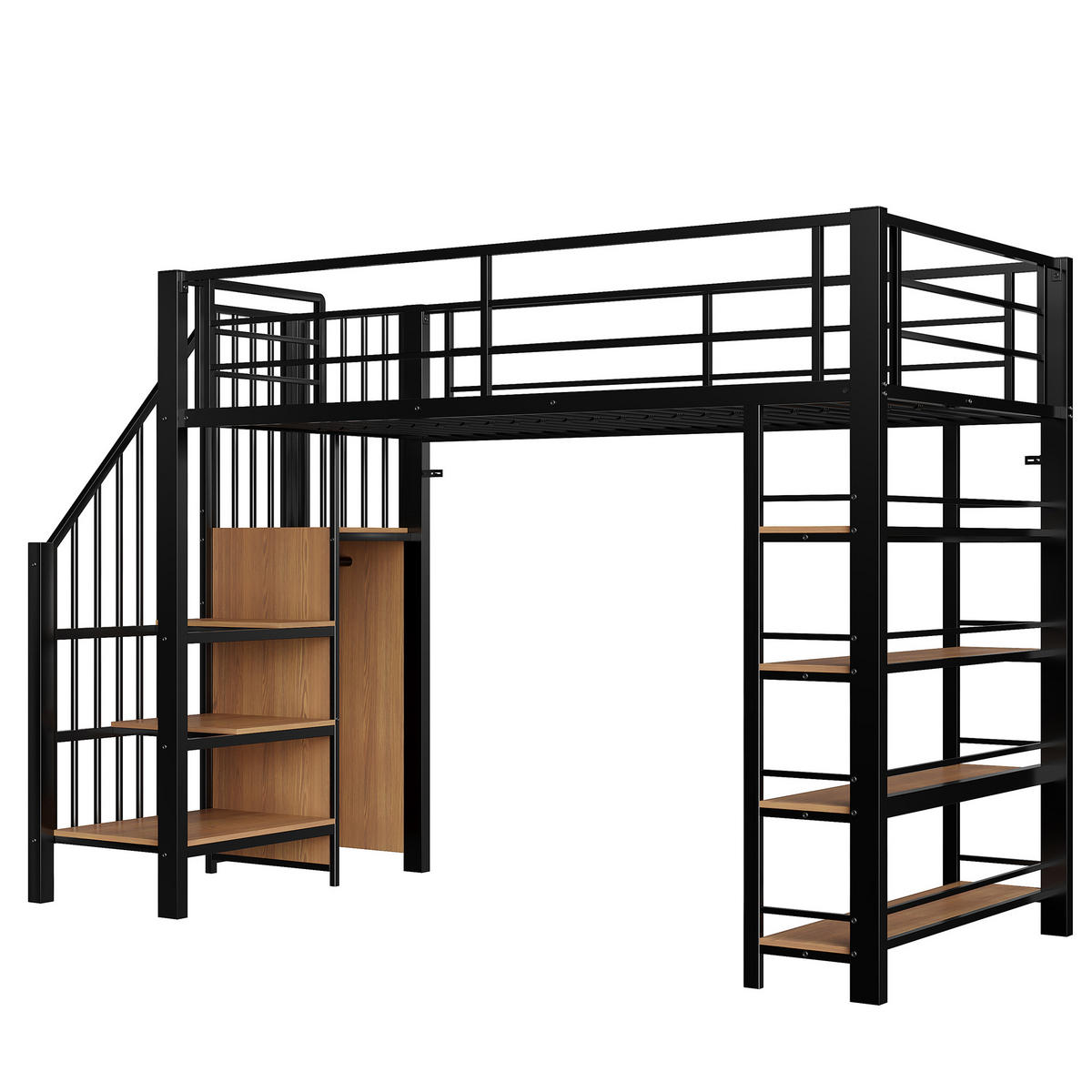 HOCHBETT 90/200 cm DE-01616, in Schwarz, mit Sicherheitstreppe und Kleiderschrank - Schwarz, Metall (90/200cm) - ComfortXL