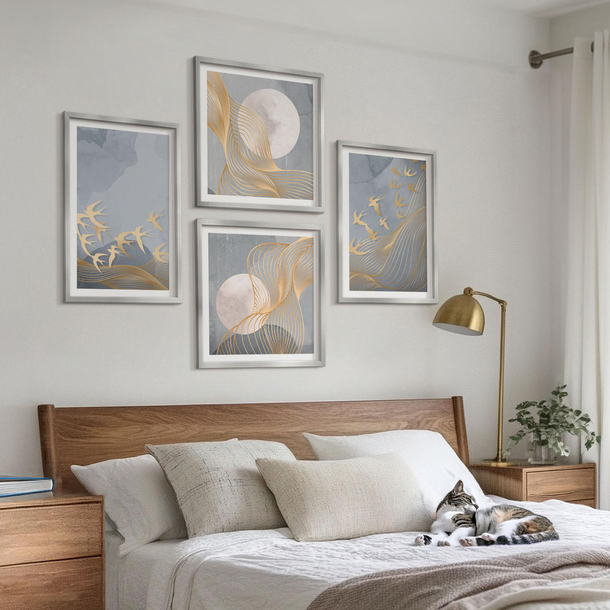 BILDER SET 4er Set - 50x50 cm & 40x60 cm Silberner Rahmen - Vögel im Flug, Himmel, Mond - Silberfarben, Kunststoff (50/50cm) - TULUP