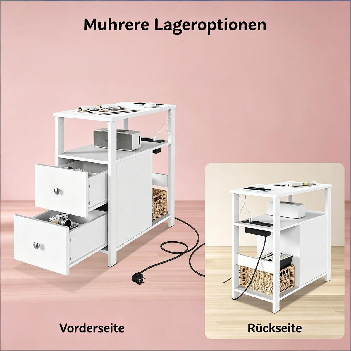BEISTELLTISCH DE-37214 mit Ladestation und 2 Schubladen Weiß - Weiß, Holzwerkstoff (60/30/60cm) - ComfortXL