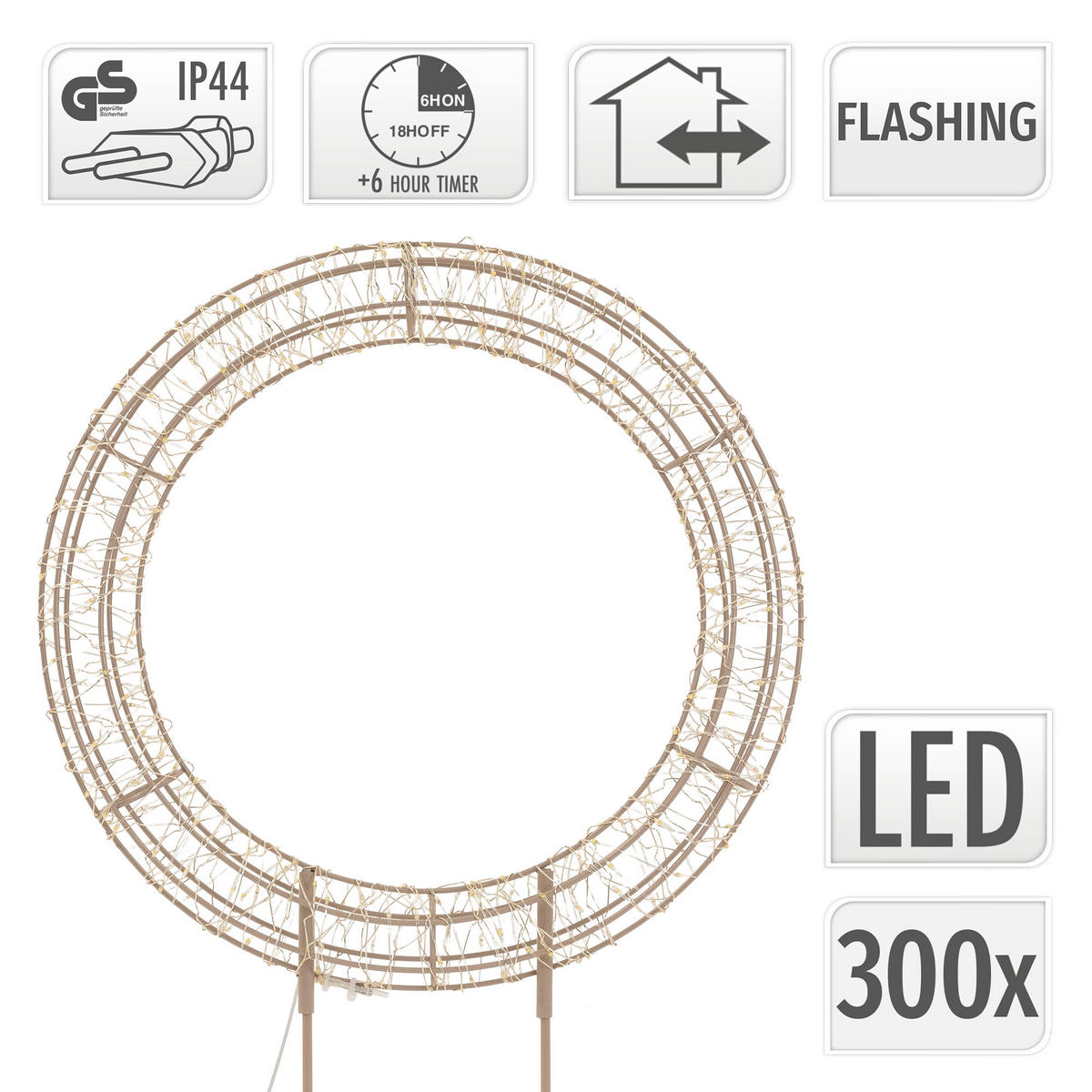 LED VÁNOČNÍ VĚNEC 53 cm s podstavcem, vánoční dekorace s řetězem světel 300 LED, teplá bílá - béžová, kov (38/53/8cm) - ECD-Germany