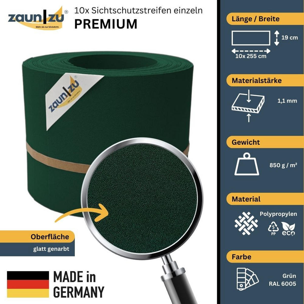 SICHTSCHUTZSTREIFEN PP Sichtschutzstreifen Doppelstabzaun Grün,10x 2,55m - Grün, Kunststoff (2550/19cm) - ZAUN|ZU