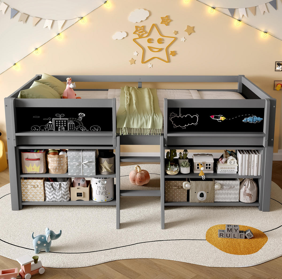 HALBHOHES Bett aus Kiefernholz und MDF 90x200 cm Grau mit Stauraum, Sicherheitsgeländer, Leiter und Zeichentafel - Grau, Holzwerkstoff (140/200cm) - Modfu