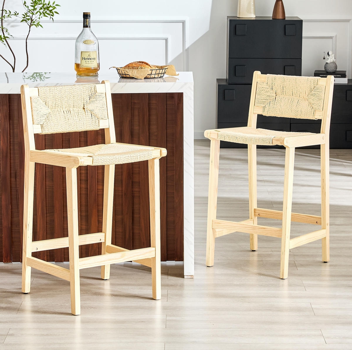 BARHOCKER 2er-Set mit Geflecht und Massivholz für Kücheninsel - Birnbaumfarben, Holz (42/89/44cm) - Meubliv