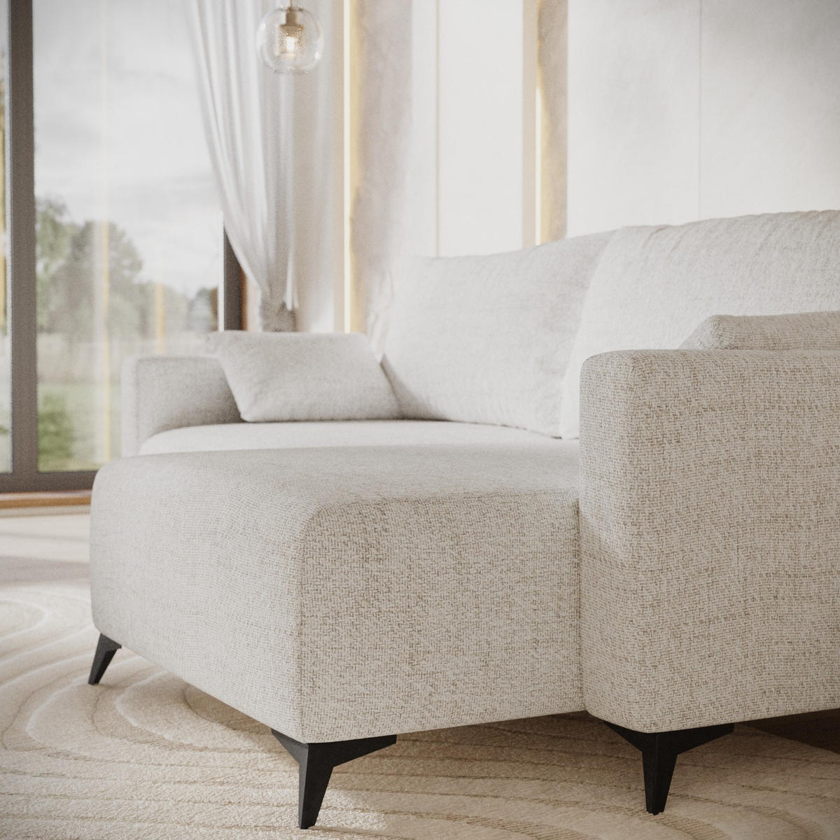 ECKSOFA NUVIO mit Schlaffunktion Creme im Neve Stoff - Creme/Schwarz, Holz/Holzwerkstoff (239/148cm) - AltaBeds