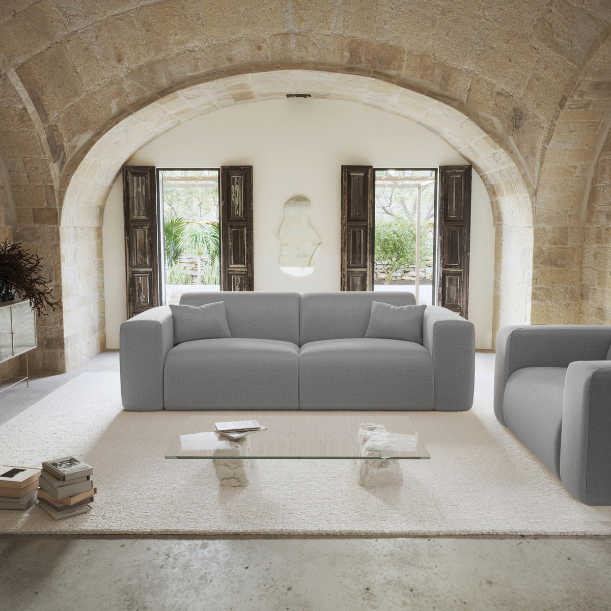 SCHLAFSOFA GERADE Rastergewebe Hellgrau 214cm - Hellgrau/Grau, Textil (214/73/95cm) - Sia Home