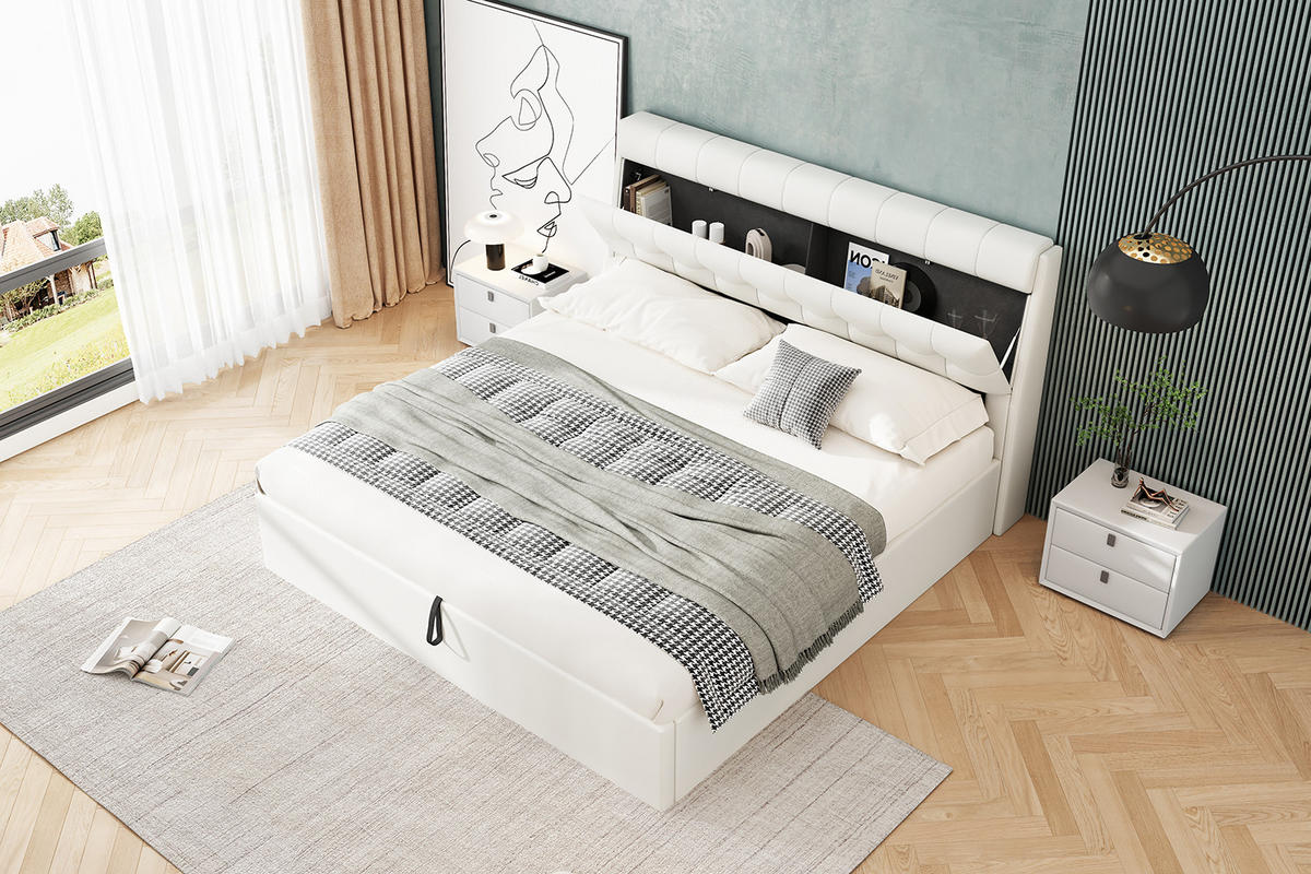 POLSTERBETT 180x200cm Weiß PU Mit Hydraulik & Verdecktem Stauraum - Weiß, Leder (180/200cm) - FLIEKS