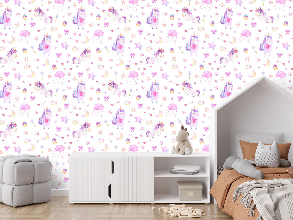 VLIESTAPETE Einhörner, Wolken und Sterne – Rosa, Lila, Weiß – 50x1000 cm - Lila/Rosa, Papier (50/1000cm) - Muralo