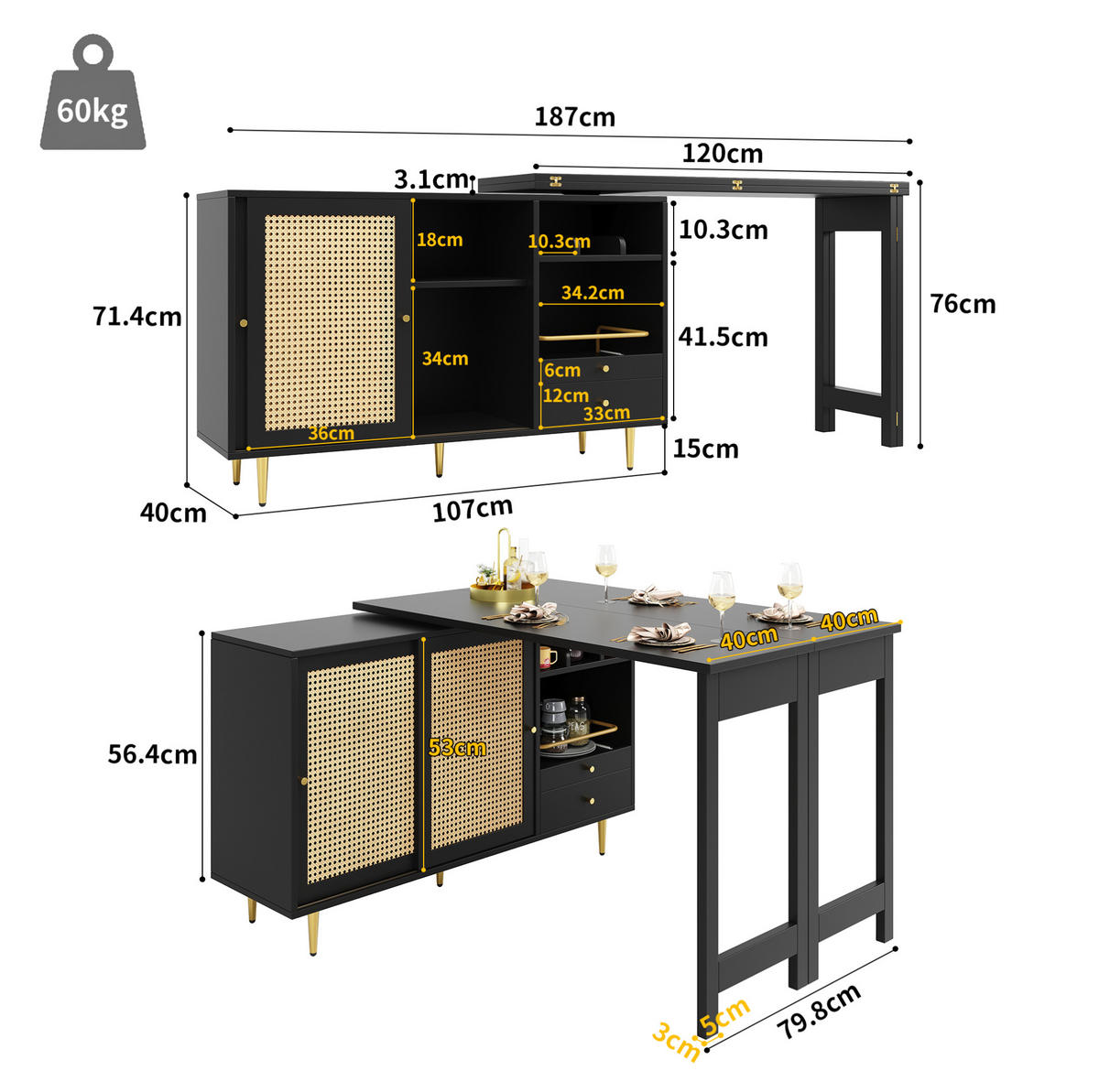 ESSZIMMERSCHRANK aus MDF 107-187x40x71-76cm in Schwarz mit 360° drehbarer Ablage - Schwarz, Holzwerkstoff (187/76/40cm) - Modfu