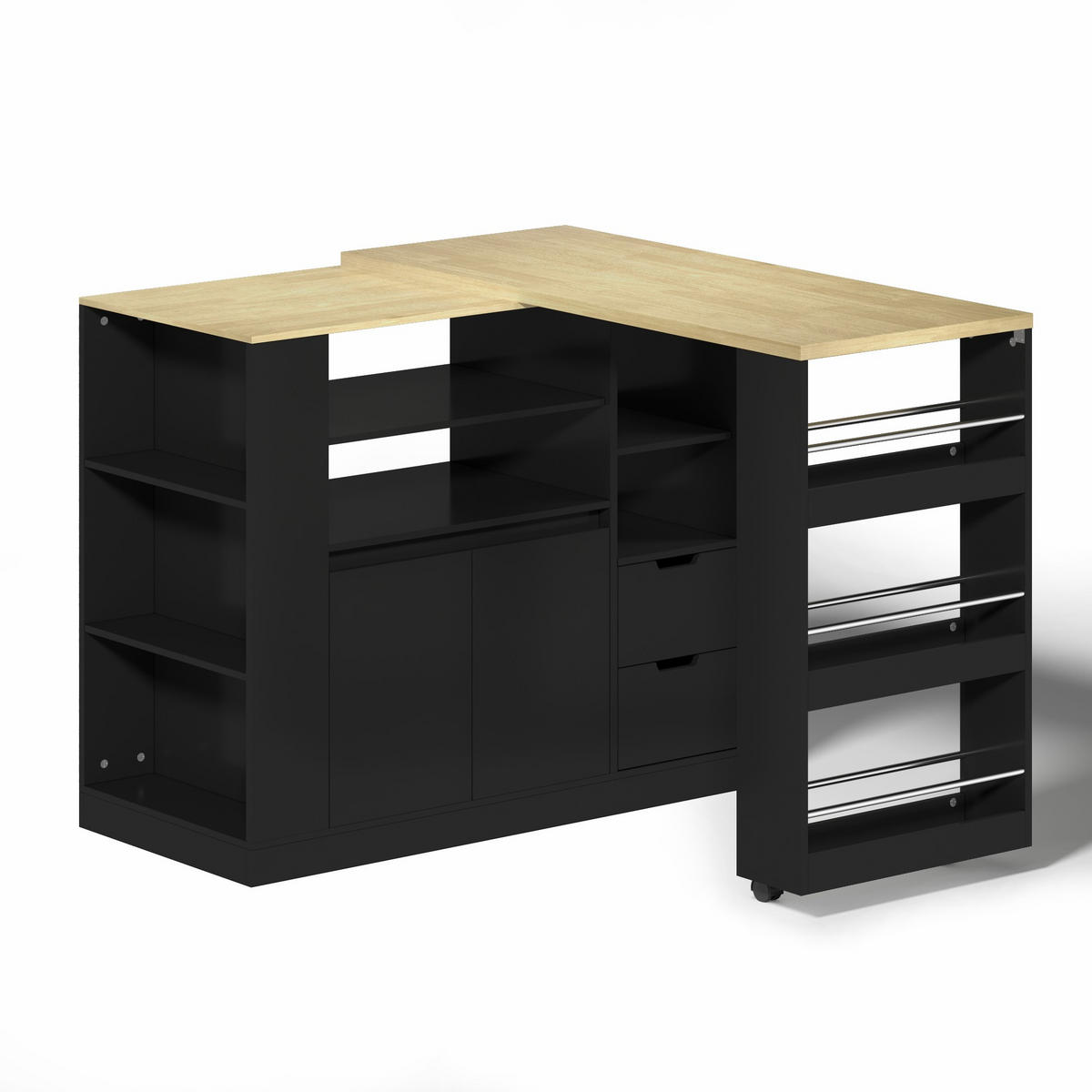 KÜCHENINSEL 100/50/89.5 cm Schwarz mit ausziehbarer Arbeitsplatte und 2 Schubladen - Schwarz, Holz/Holzwerkstoff (50/92/115cm) - Oxeza