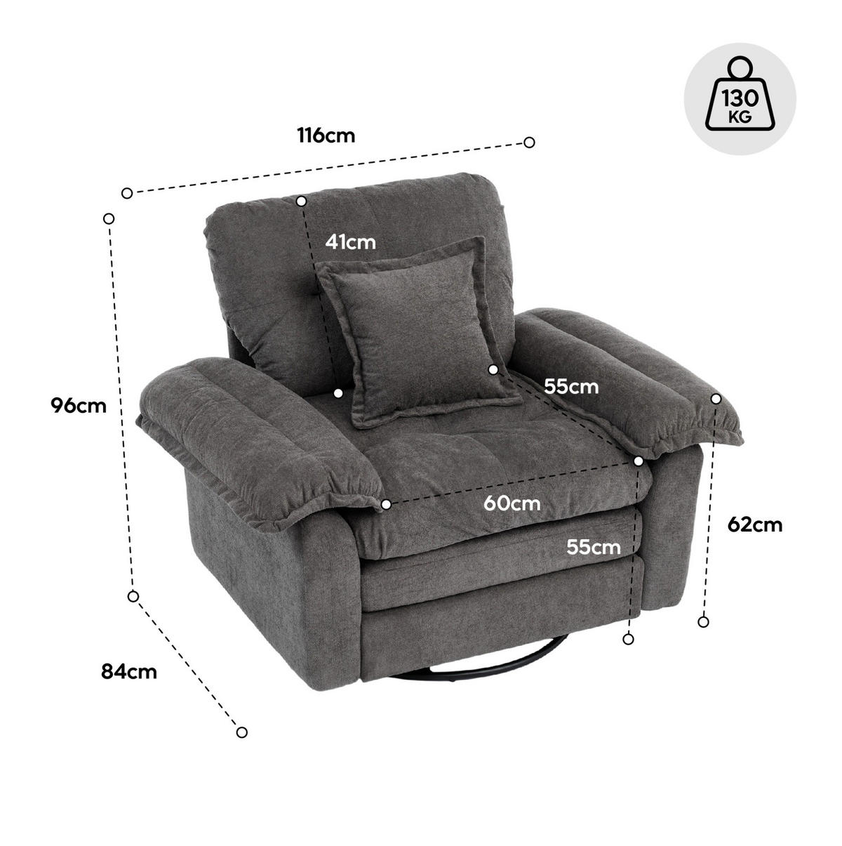 SESSEL in Grau mit 360°-Drehfunktion und Chenillebezug,84/116/96 cm - Grau, Textil (84/96/116cm) - Flora Grace