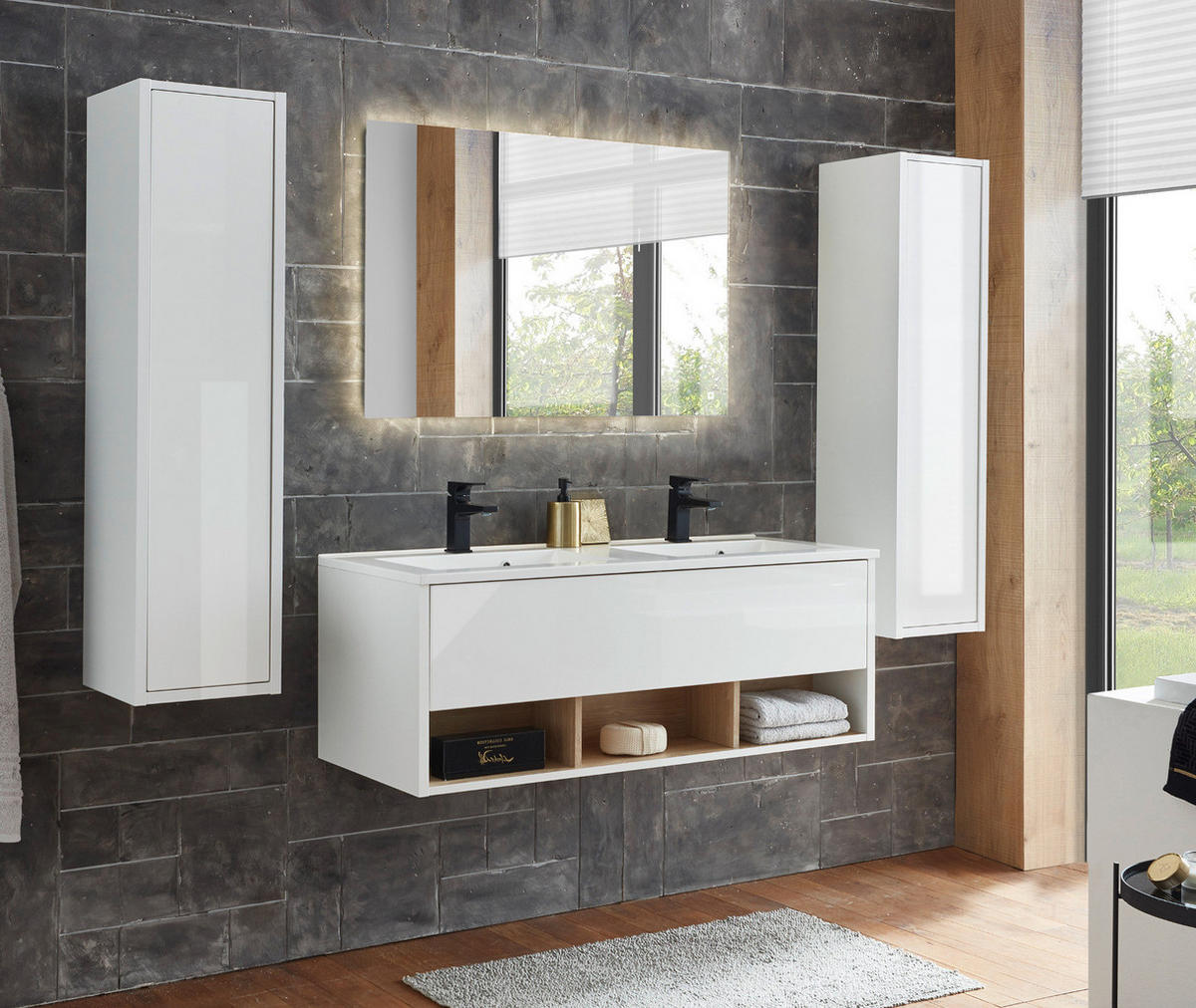 BADMÖBEL Set in weiß Hochglanz und Eiche mit Doppelwaschbecken und LED Beleuchtung 200 x 190 cm Glide - Weiß Hochglanz/Eichefarben, Glas/Holzwerkstoff (200/190/47cm) - Furn.Design