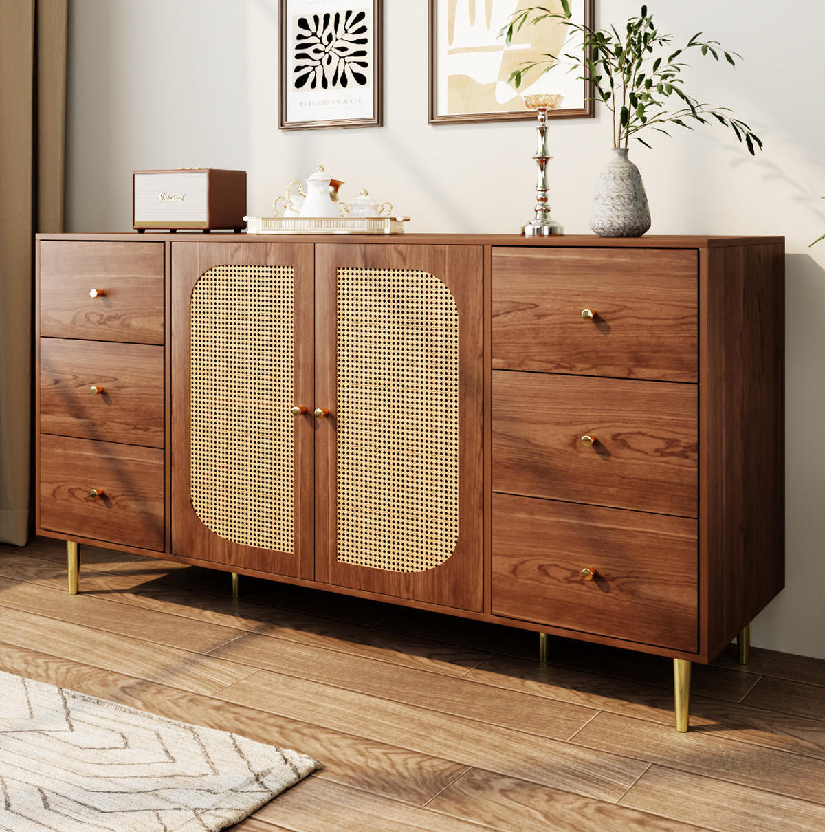 SIDEBOARD 160/40/90 cm Holz aus MDF mit Rattantüren - Eichefarben, Holzwerkstoff (40/90/160cm) - OKMYHOME
