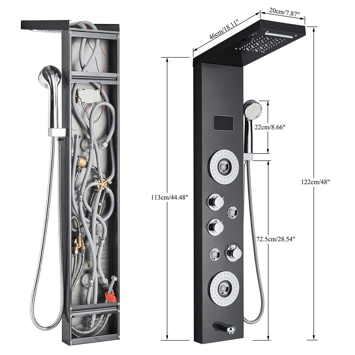 ÜBERKOPFBRAUSESET Schwarz Edelstahl 304 LED Temperaturanzeige - Schwarz, Metall (20/122/46cm) - Kaket