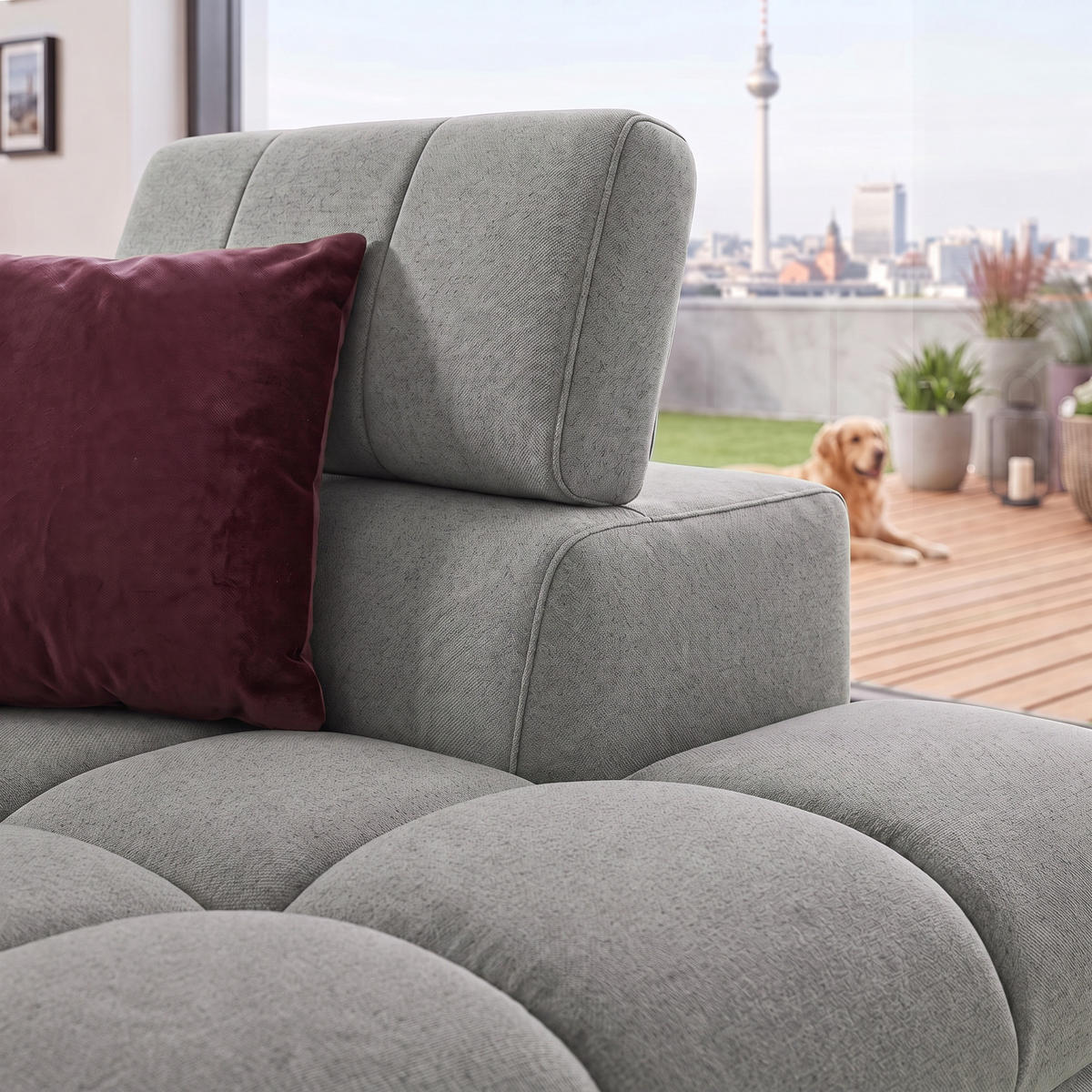 ECKSOFA PUDDING MAXI L Rechts mit Schlaffunktion 125x195 Velours Grau - Schwarz/Grau, Holz/Textil (350/203cm) - Muffo