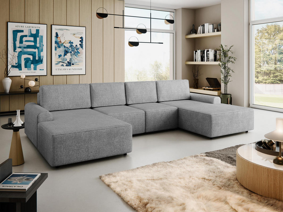 WOHNLANDSCHAFT Bella XL - Hellgrau/Schwarz, Holz/Kunststoff (338/85/168cm) - MIRJAN24