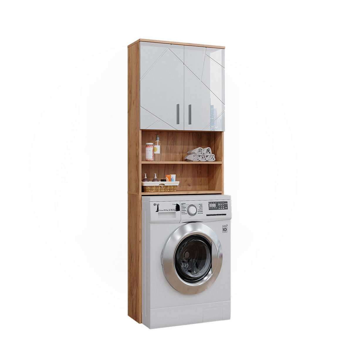 WASCHMASCHINENSCHRANK Irma Weiß Hochglanz/Goldkraft Eiche 64 x 190.5 cm - Weiß Hochglanz/Eiche Wotan, Holzwerkstoff (64/190.5/26cm) - Vicco